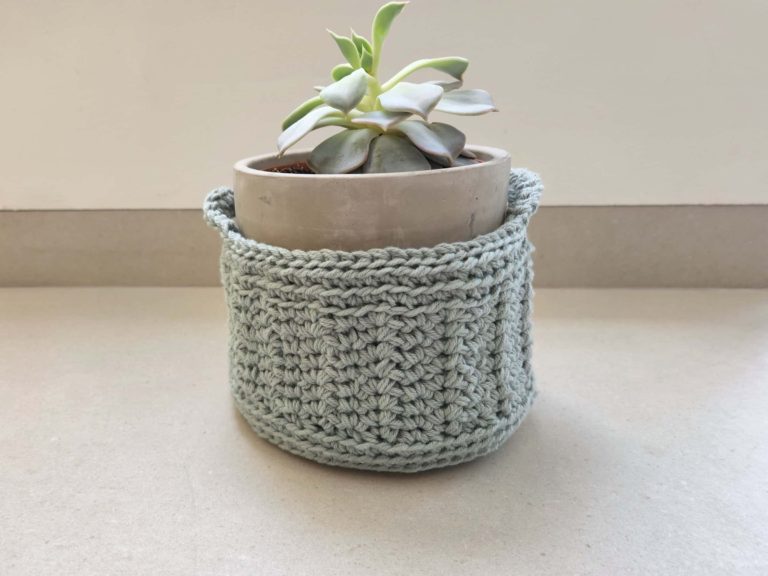 this is a photo of Lobelia Crochet Plant Pot Holder Basket Free Pattern Made by Gootie