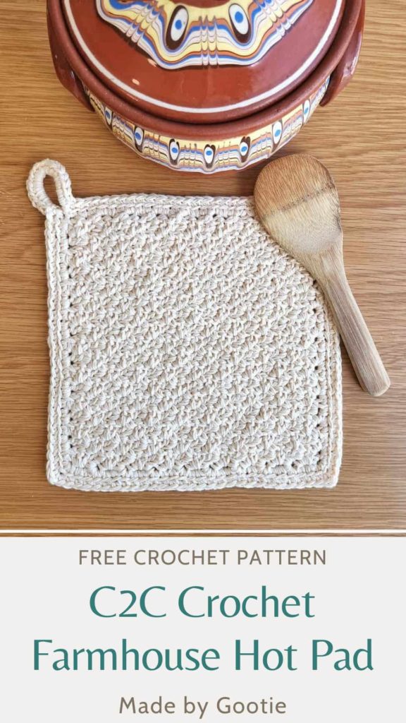 This is an image of Free Crochet Farmhouse Hot Pad Pattern Made by Gootie