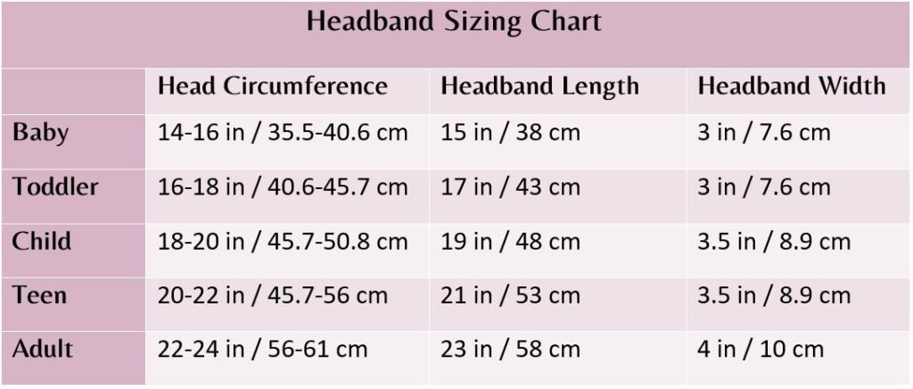 Crochet headband size chart