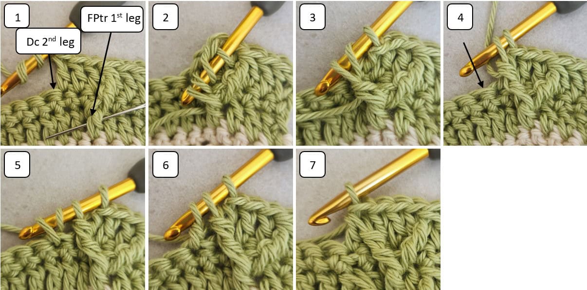 front post treble double crochet stitch together