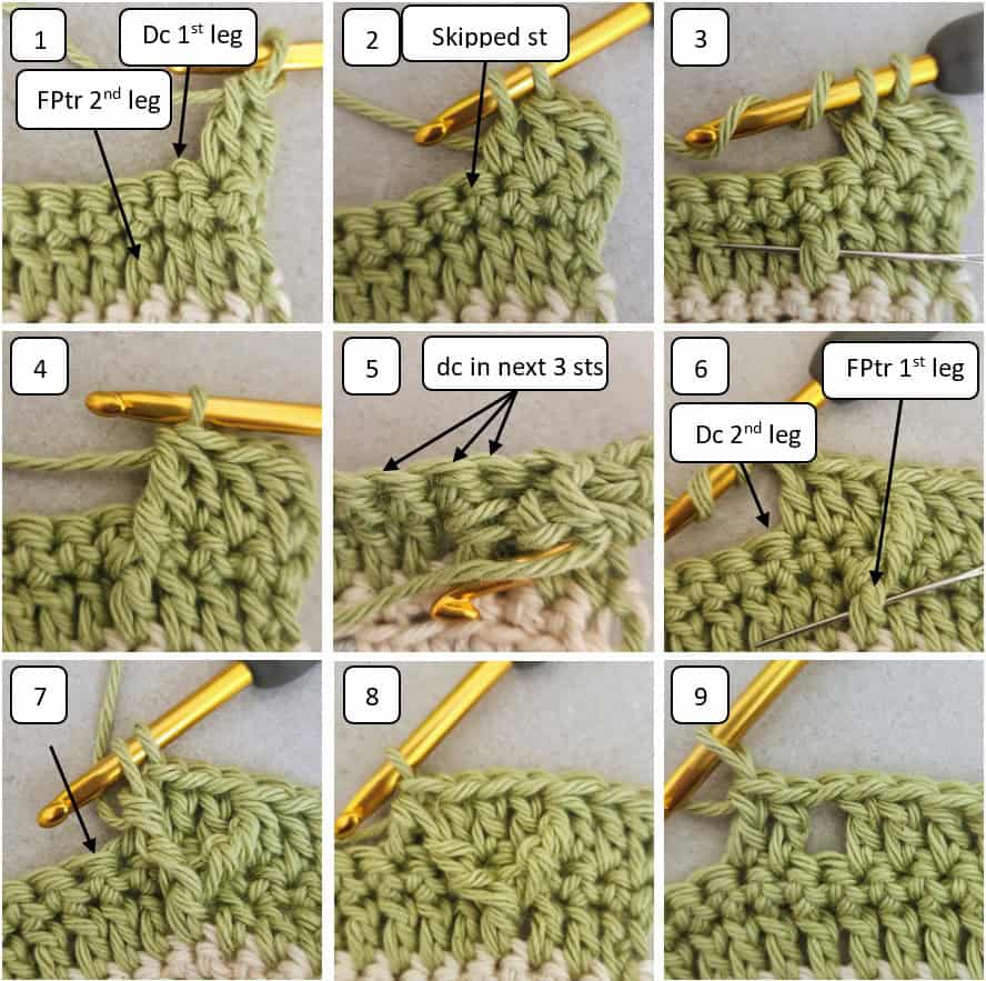 alternating fishbone crochet stitch pattern - row 3